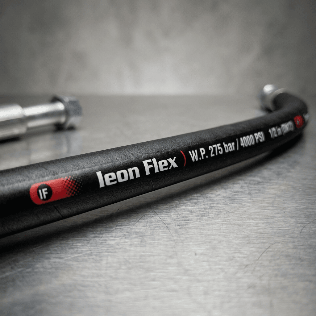 Close-up of the printed IEONFLEX lay-line on a crimped hose assembly